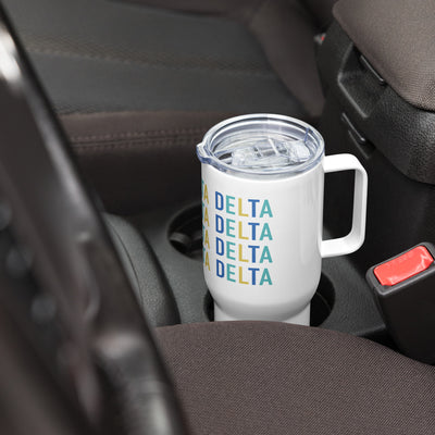 Tri Delta Sorority Travel Mug shown in car cup holder
