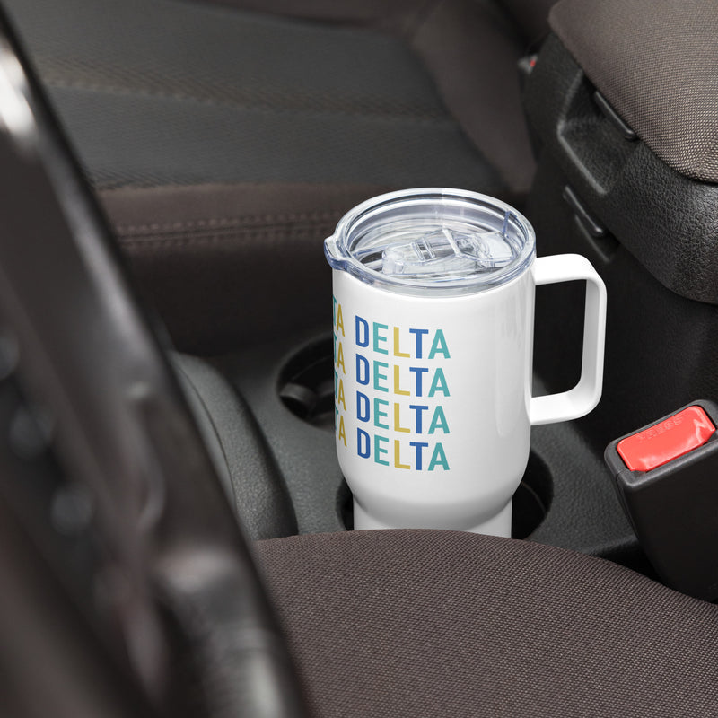 Tri Delta Sorority Travel Mug shown in car cup holder
