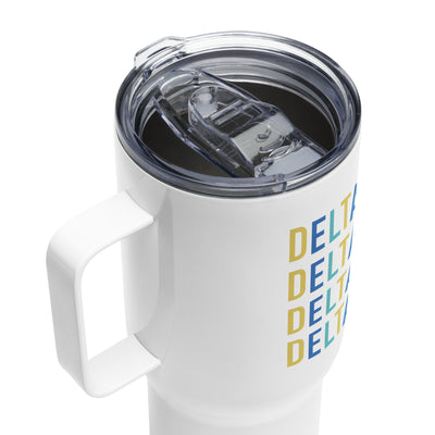 Tri Delta Sorority Travel Mug shown in detail view showing BPA-free plastic lid