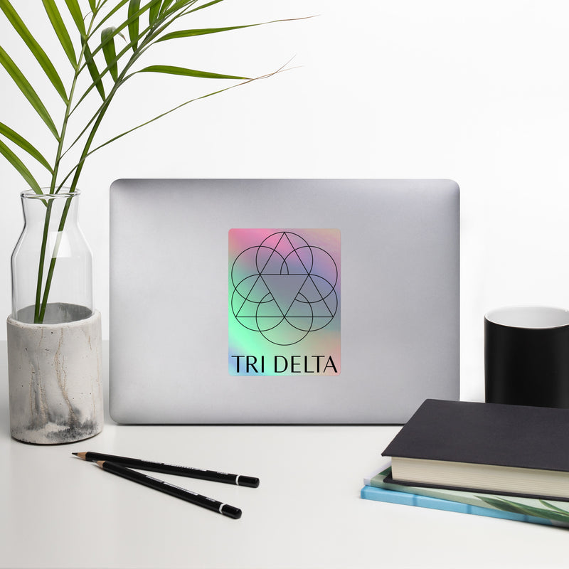 Tri Delta Sorority Sticker shown in 5.5" square size on laptop cover