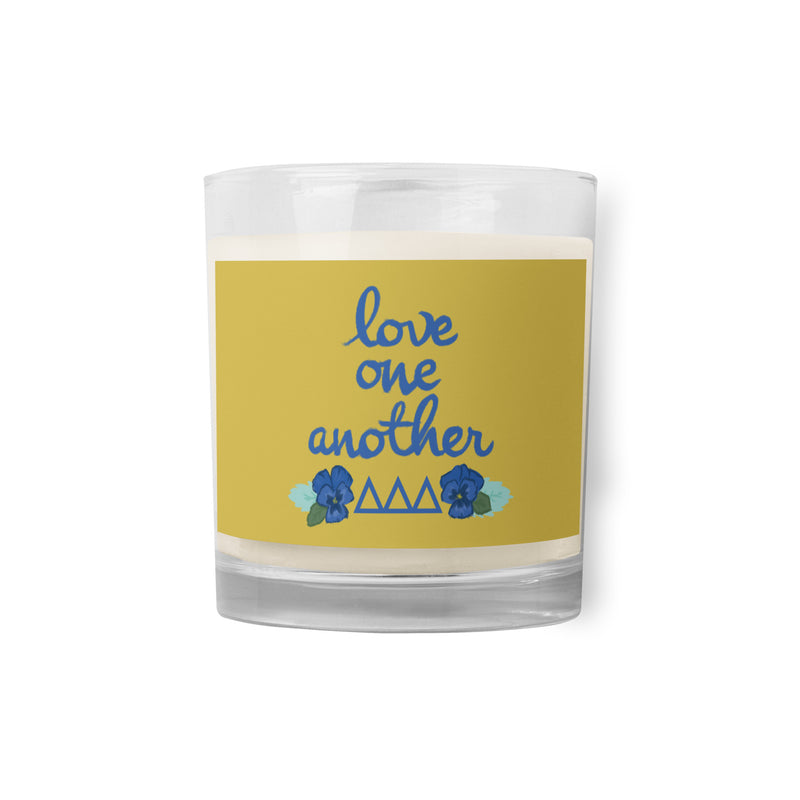 Tri Delta Sorority Soy Candle shown in full view with Love One Another design