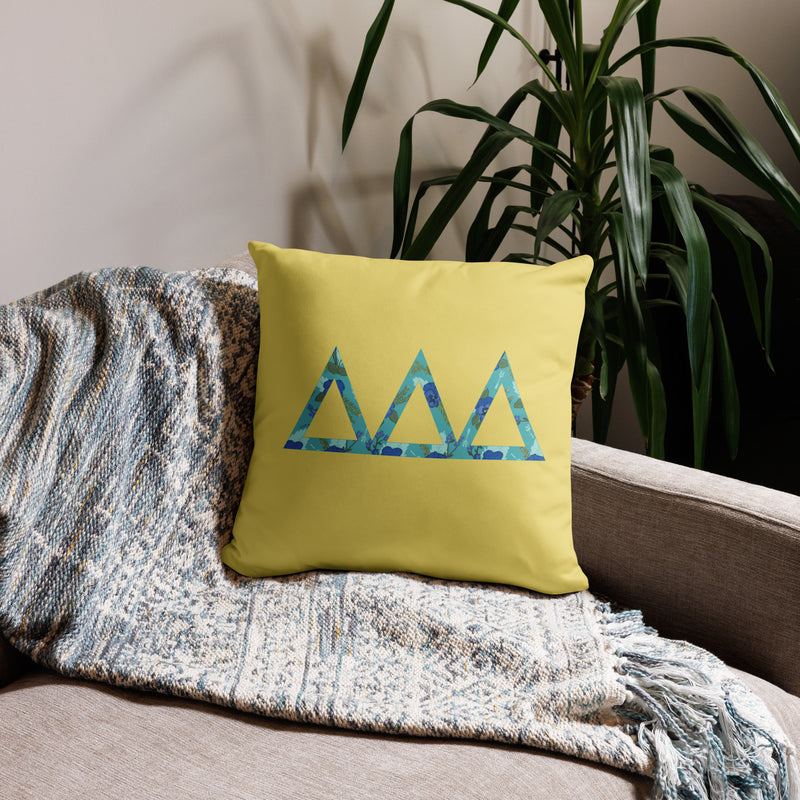 Tri Delta Sorority Pillow in 22" x 22" size shown on couch with filled letters