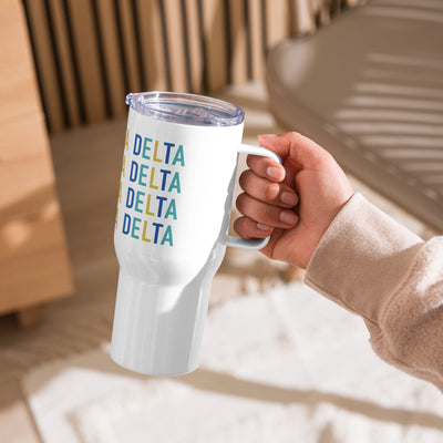 Tri Delta Sorority Travel Mug in brand colors with repeat pattern