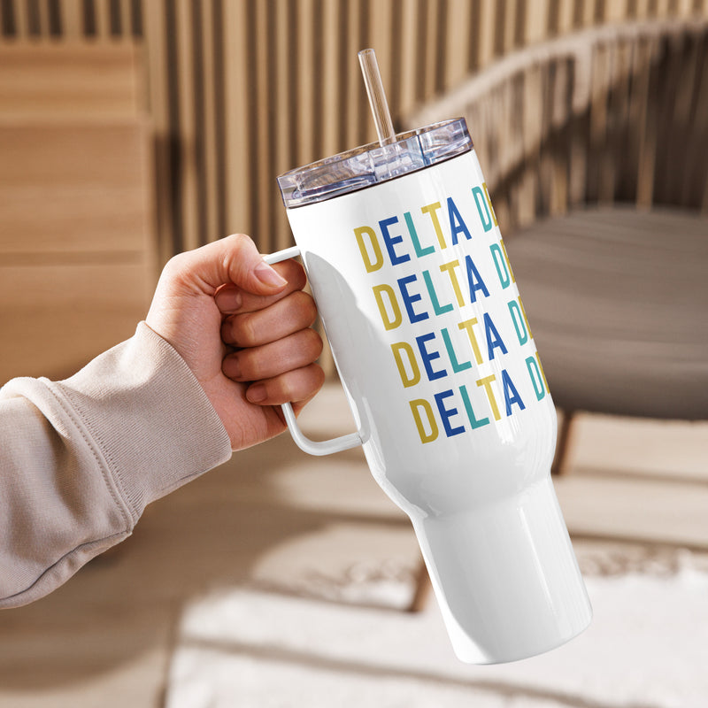 Tri Delta Sorority Travel Mug shown in model&