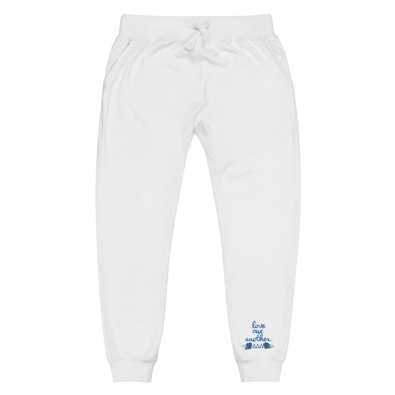 Tri Delta Sorority Sweatpants showing full size flat view with Love One Another design on left front leg