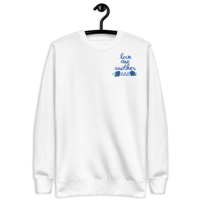 Tri Delta Sorority Sweatshirt showing hand drawn Love One Another design on front