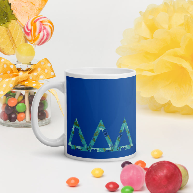 Tri Delta Sorority Mug in 11 oz size with filled letters on Cerulean blue mug