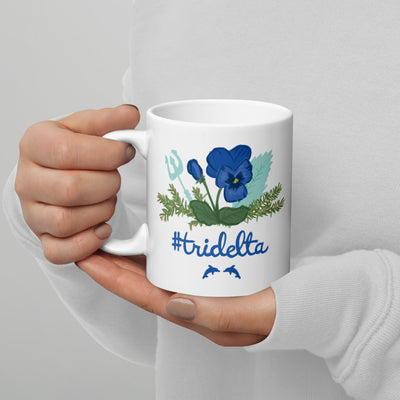 Tri Delta Sorority Mug in 11 oz size with Poseidon, pine and porpoise design