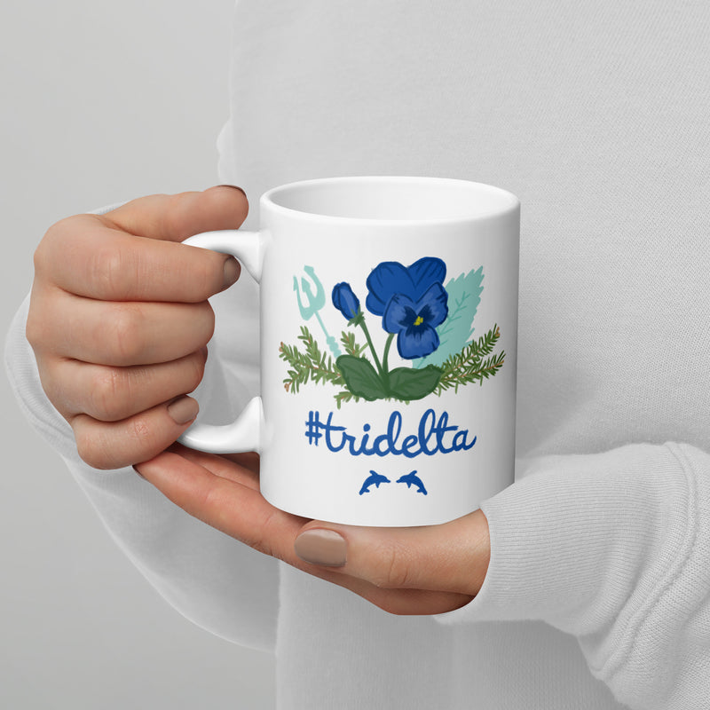 Tri Delta Sorority Mug in 11 oz size with Poseidon, pine and porpoise design