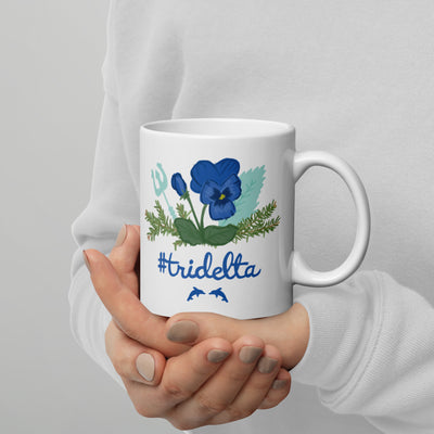 Tri Delta Sorority Mug in 11 oz size with Poseidon, pine and porpoise design with handle on right