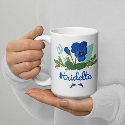 Tri Delta Sorority Mug in 15 oz size with Poseidon, pine and porpoise design