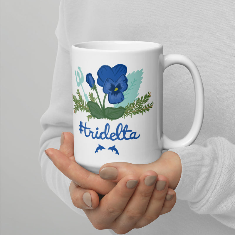 Tri Delta Sorority Mug in 15 oz size with Poseidon, pine and porpoise design with handle on right