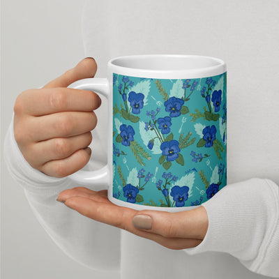 Tri Delta Sorority Mug in 20 oz size with pansy floral print in teal