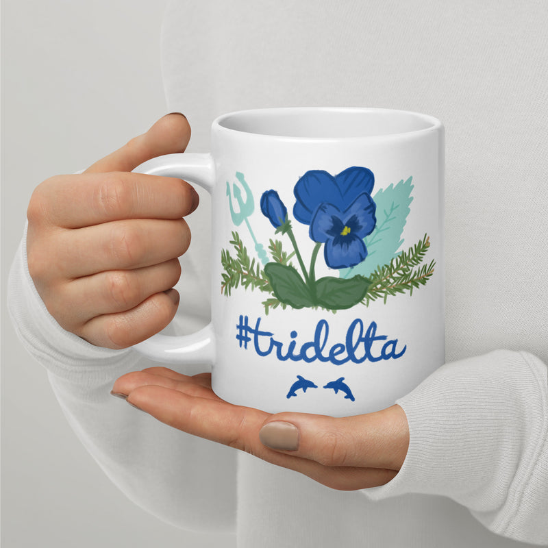 Tri Delta Sorority Mug in 20 oz size with Poseidon, pine and porpoise design