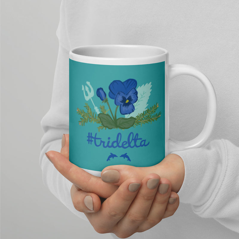 Tri Delta Sorority Mug with pine and poseidon design on 20 oz mug