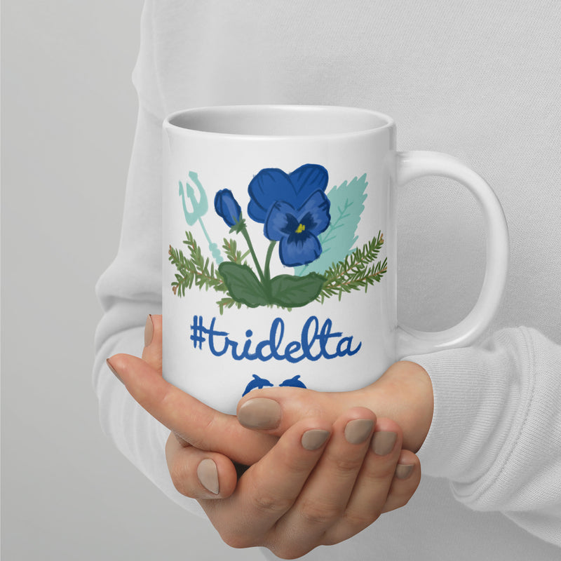 Tri Delta Sorority Mug in 20 oz size with Poseidon, pine and porpoise design