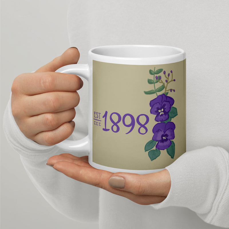 Tri Sigma 1898 Sorority Mug shown in full view in larger 20 oz size with handle on left