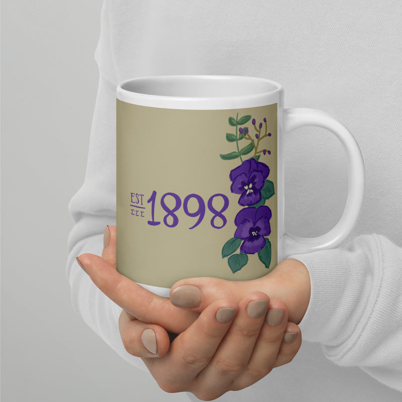 Tri Sigma 1898 Sorority Mug shown in full view in 20 oz size in model&