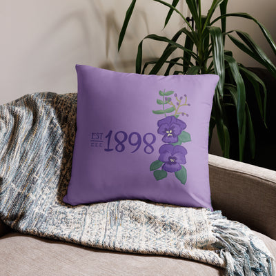 Tri Sigma 1898 sorority pillow in 22" x 22" size showing front of pillow on couch