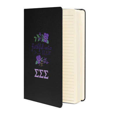Tri Sigma Faithful Hardcover Journal in black showing inside pages