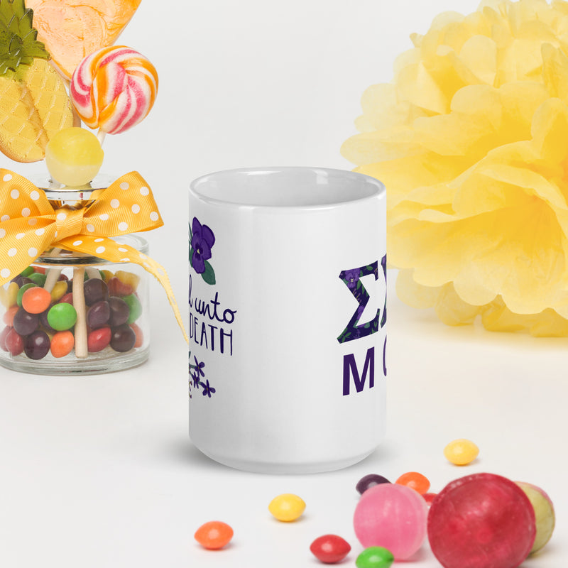 Tri Sigma Sorority Mom Mug showing design on two sides in 15 oz size in lifestyle setting