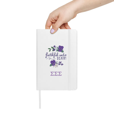 Tri Sigma Faithful Hardcover Journal showing front in white in model's hands