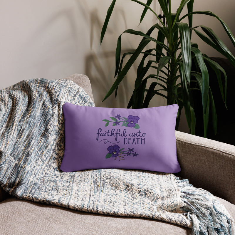 Tri Sigma Motto Pillow showing motto design on 20" x 12" lumbar pillow on couch