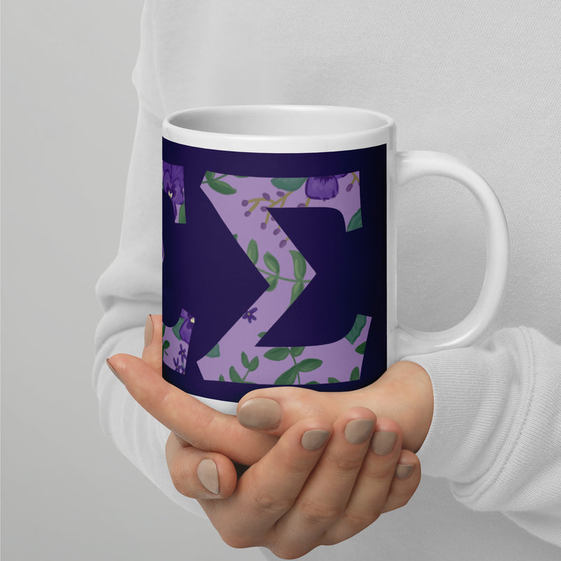 Tri Sigma Sorority Letters Mug in 20 oz size in purple shown in model&