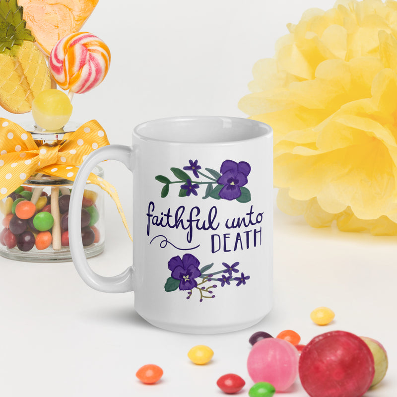 Tri Sigma Sorority Mom Mug showing motto design on reverse side in 15 oz size in lifestyle setting