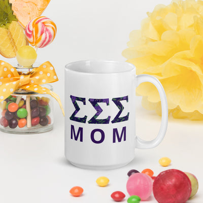 Tri Sigma Sorority Mom Mug showing filled letters in 15 oz size in model's hands