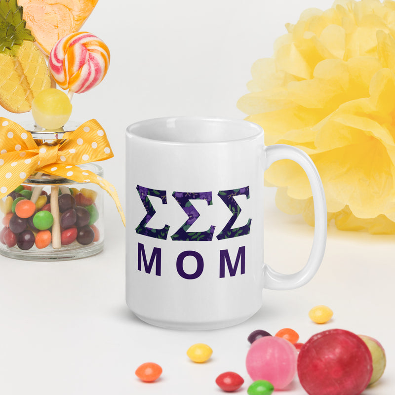 Tri Sigma Sorority Mom Mug showing filled letters in 15 oz size in model&