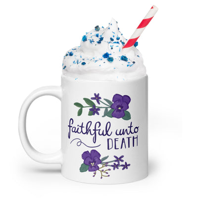 Tri Sigma Sorority Mom Mug showing motto design on reverse side in 20 oz size in lifestyle setting