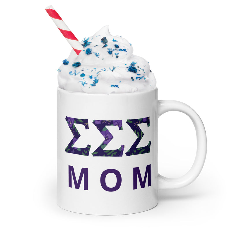 Tri Sigma Sorority Mom Mug showing filled letter design in 20 oz size in lifestyle setting