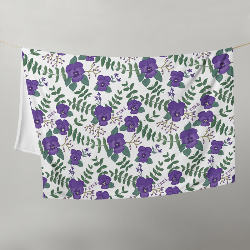 Tri Sigma Violet Print Minky Blanket in fresh white with artist-drawn violet print