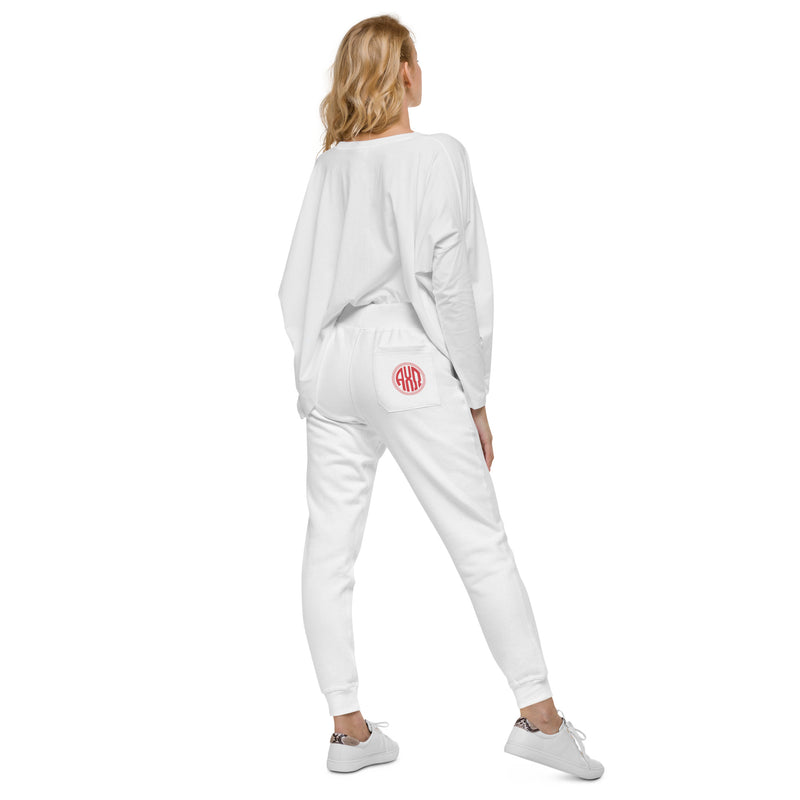 Alpha Chi Omega Monogrammed White Sweatpants showing monogrammed back pocket