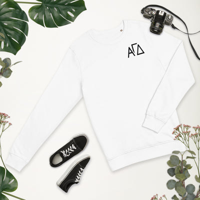 Alpha Gam Greek Letters White Organic Sweatshirt in lifestyle setting