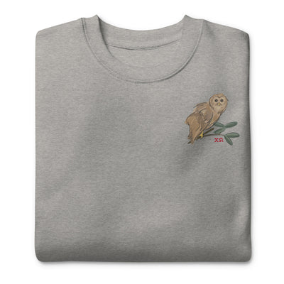 Chi Omega Owl Crewneck Sweatshirt in front view in gray