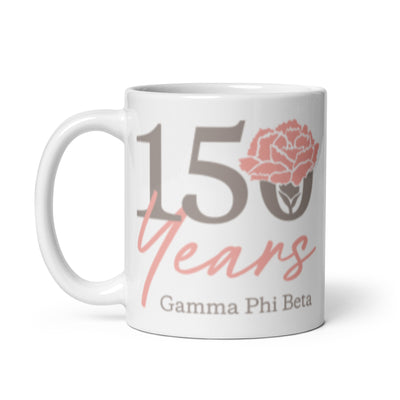 G Phi 150 Year Anniversary White Ceramic Mug in 11 oz size with handle on left