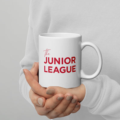 Junior League Double Design Coffee Mug shown in model's hand in 11 oz size