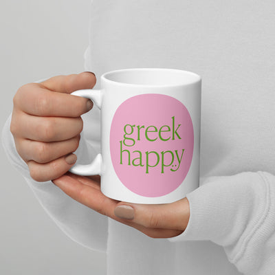 Greek Happy Pink and Green Logo Mug in hands