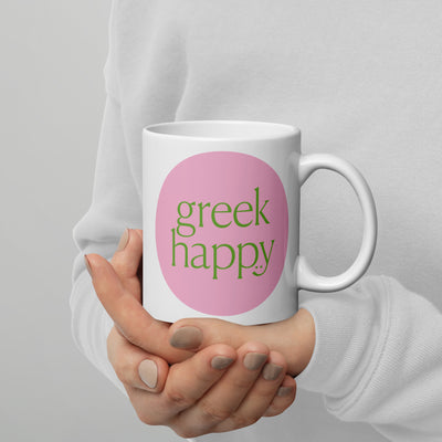 Greek Happy Pink and Green Logo Mug held by model