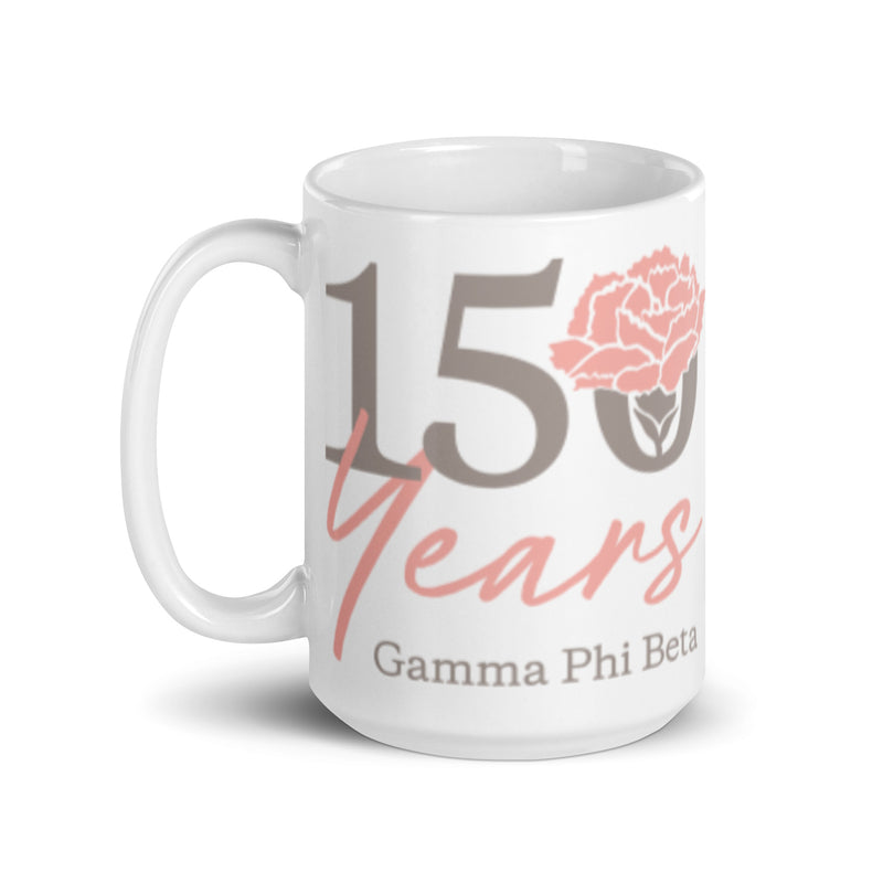 G Phi 150 Year Anniversary White Ceramic Mug in 15 oz size with handle on left