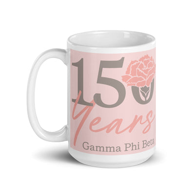 G Phi Light Pink 150th Anniversary Mug in 15 oz size with handle on left