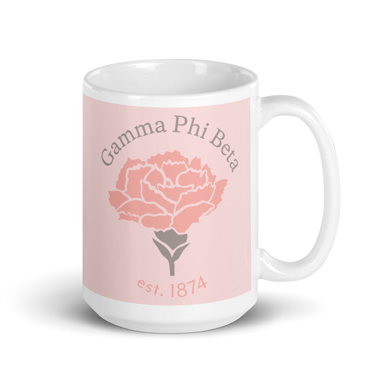 Gamma Phi Beta 150th Anniversary Light Pink Mug in 15 oz with handle on right