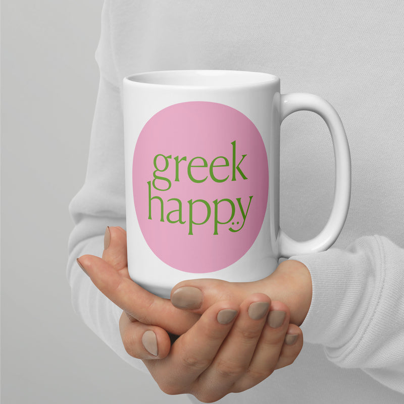 Greek Happy Pink and Green Logo Mug in 15 oz size in woman&