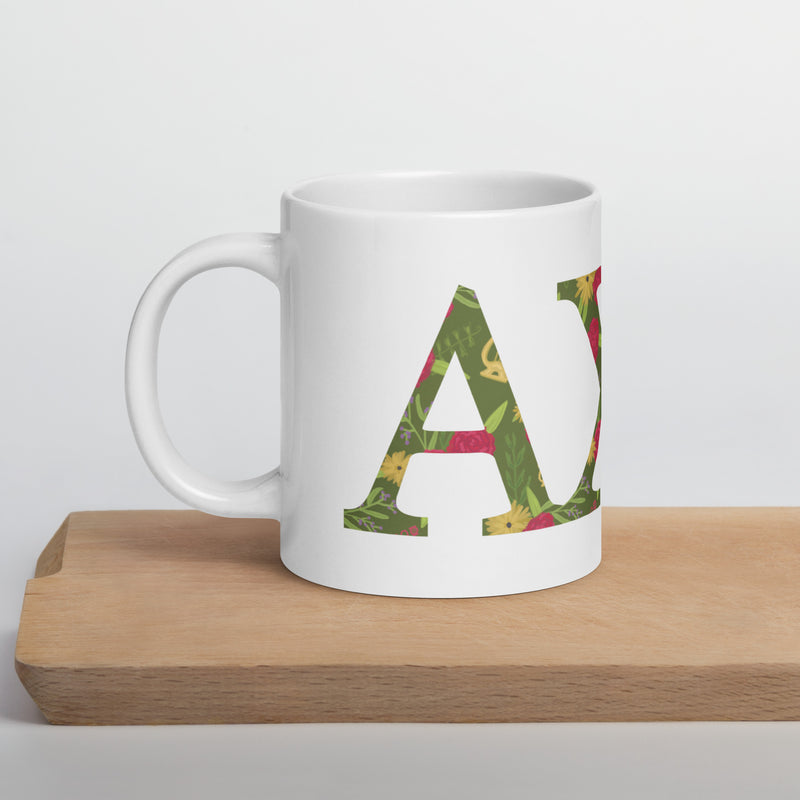 Alpha Chi Omega Greek Letters White Glossy Mug in 20 oz extra large size on shelf