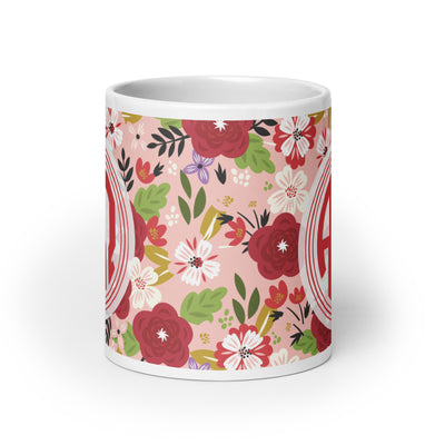 Alpha Chi Omega Modern Floral Monogramed Pink Mug in 20 oz size showing monogram on both sides