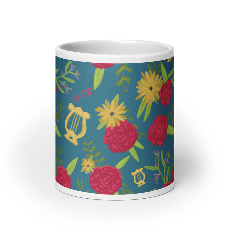Alpha Chi Omega Floral Print Teal Glossy Mug in larger 20 oz size