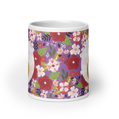 Alpha Chi Omega Modern Floral Lyre Iris Purple Mug in 20 oz size showing design on both sides