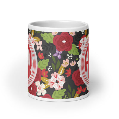 Alpha Chi Omega Modern Floral Monogram Ebony Mug in 20 oz size showing side of mug